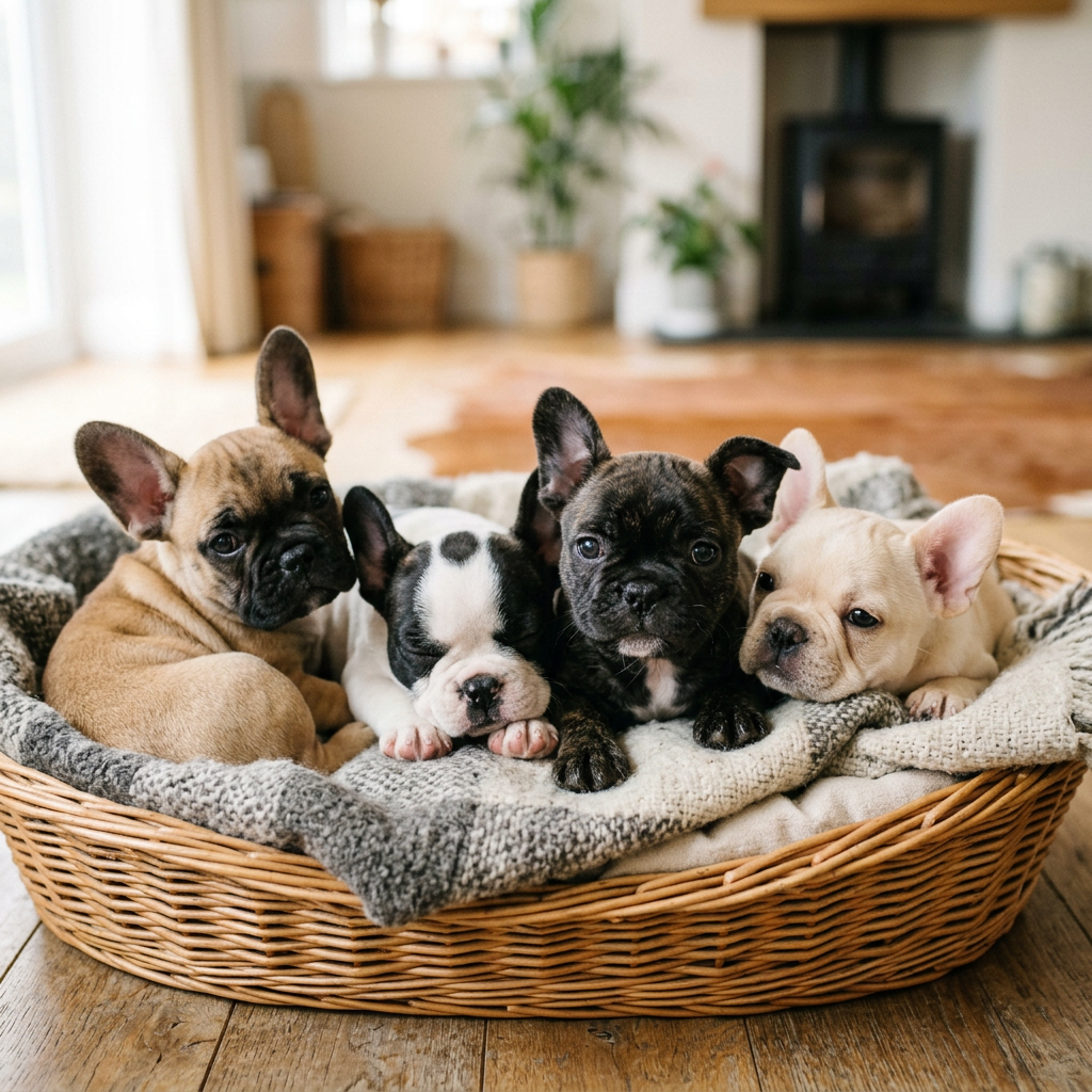 A group of four adorable French Bulldog puppies snuggled together inside a woven wicker basket lined with a grey and white plaid blanket. The puppies showcase different coat colors