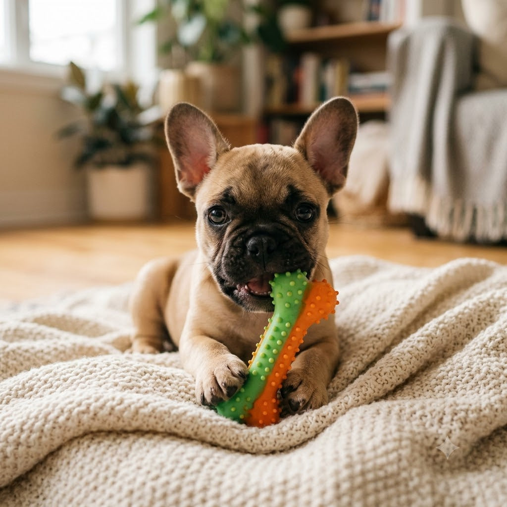 A 1:1 square portrait photograph of a fawn-colored French Bulldog puppy lying on a chunky beige knitted blanket.