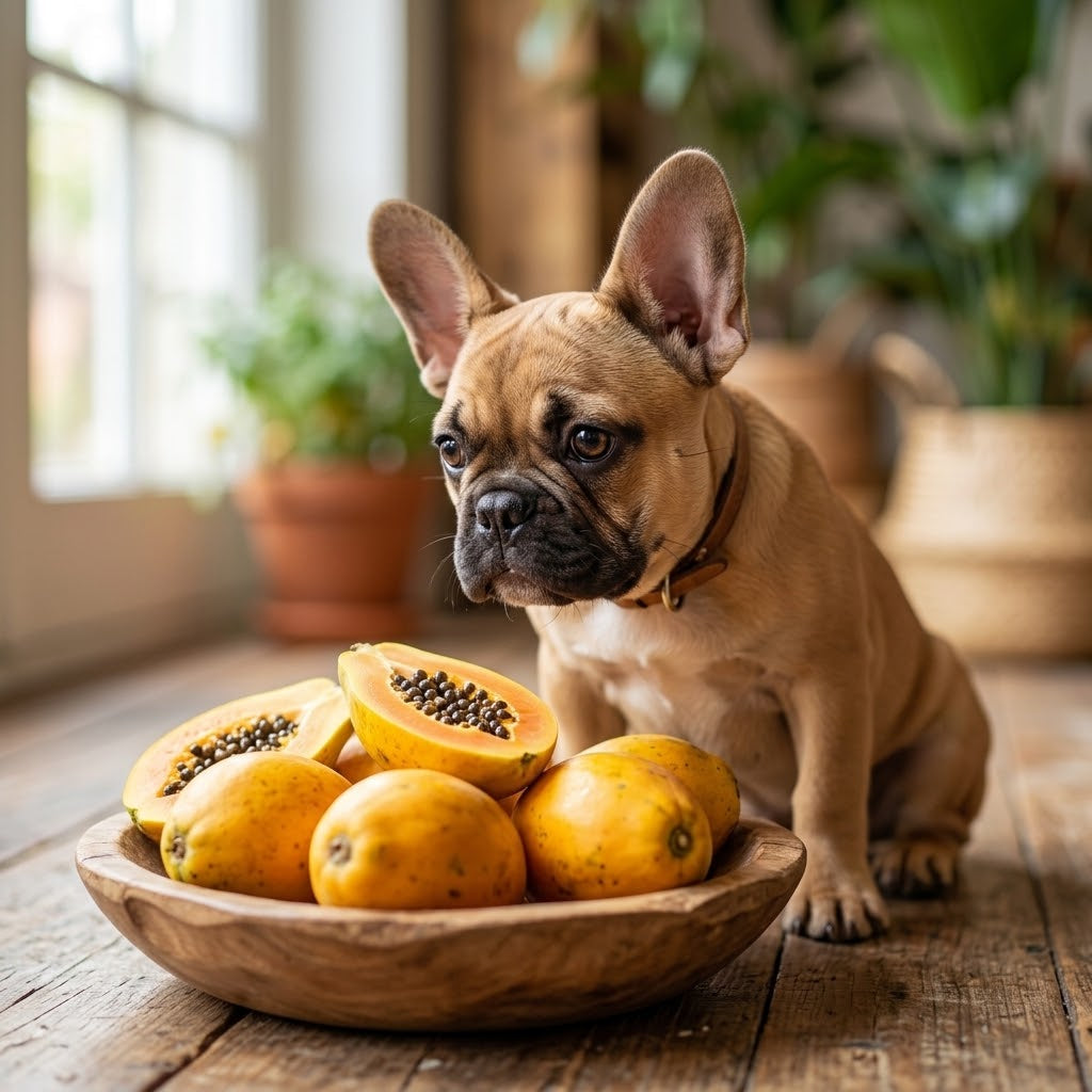 The puppy is looking intently and curiously with head tilted towards a shallow wooden bowl filled with small, ripe whole yellow papayas.