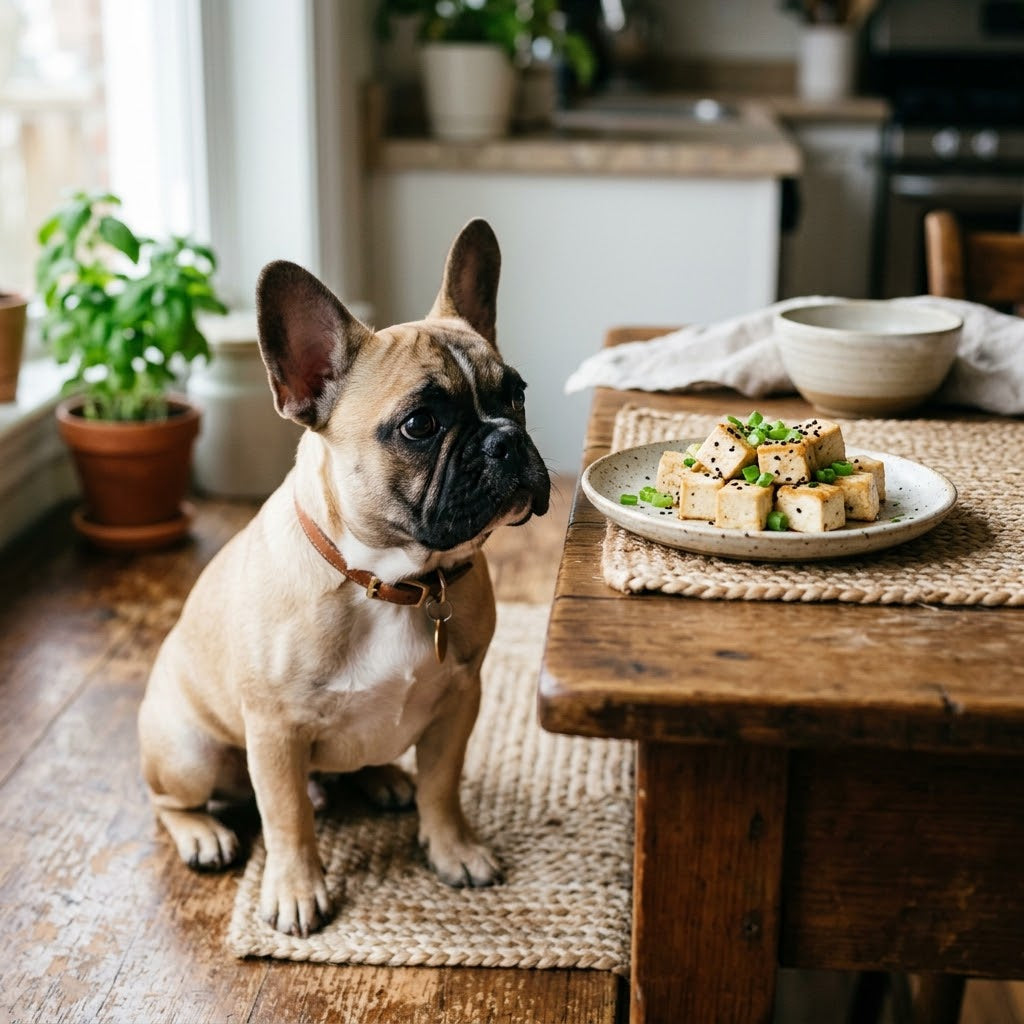 A charming, fawn and white French Bulldog puppy with large ears is seated on a textured rug on a wooden floor, looking intently at a small ceramic plate holding cubed, grilled tofu.