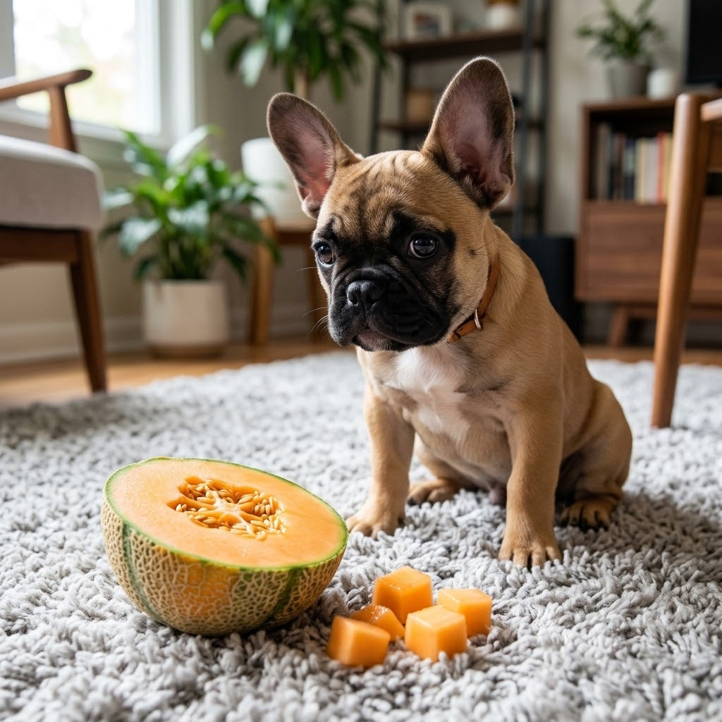 A fawn-colored French Bulldog puppy sits on a plush grey rug and stares with curiosity at a half of a ripe cantaloupe and some diced cubes.