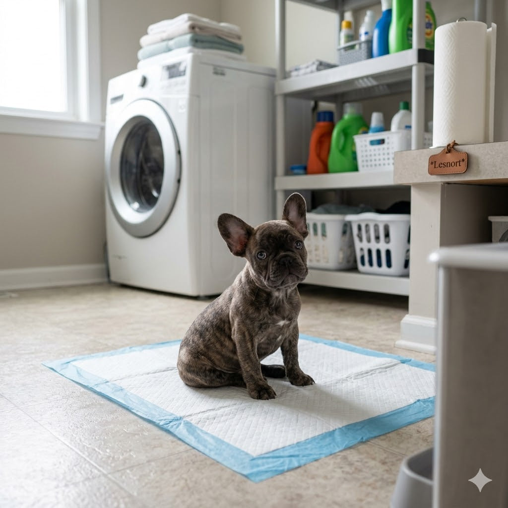 A 1:1 natural light photograph of a brindle French Bulldog puppy sitting on a clean white pee pad with a blue border on a tiled floor in a laundry room.