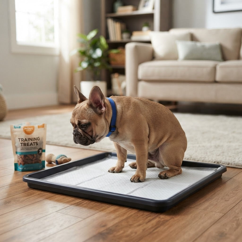 A fawn French Bulldog puppy with a blue collar is squatting to use an indoor training pad placed in a black plastic tray on a wooden floor.