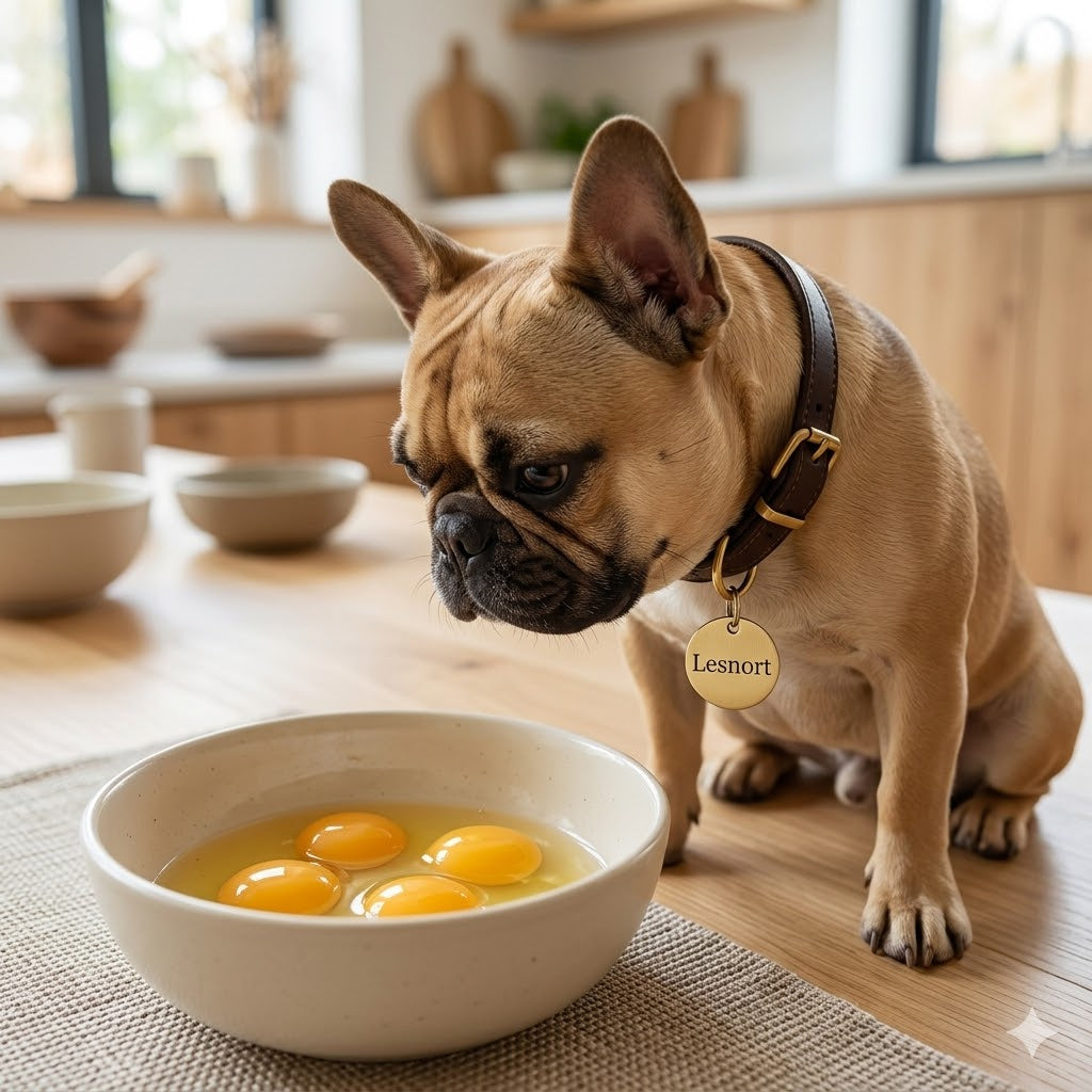 A 1:1 square photograph capturing a curious fawn French Bulldog, wearing a brown leather collar with a brass 'Lesnort' tag, intently looking into a cream ceramic bowl containing three raw eggs on a kitchen counter.