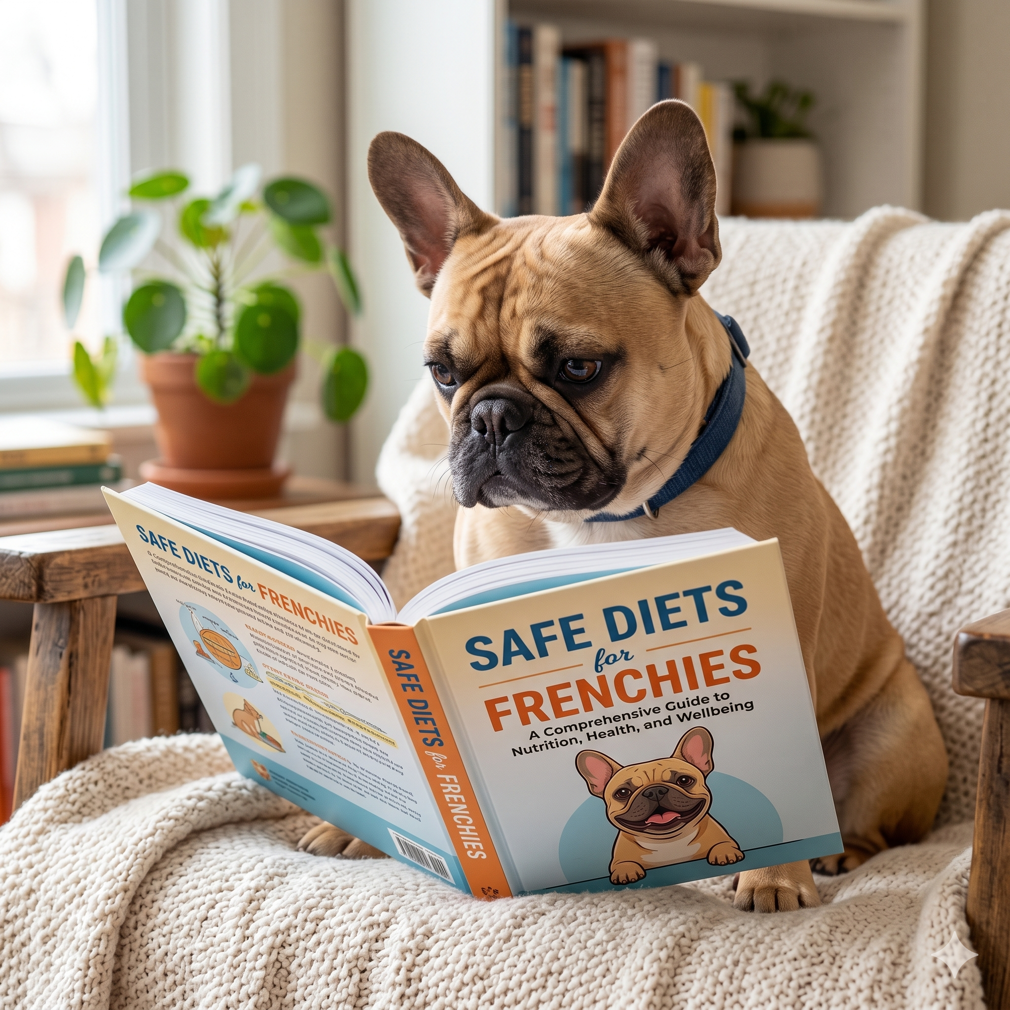 A square-format photograph showing a fawn French Bulldog sitting comfortably on a knit blanket in a cozy room, looking intently down at an open hardcover book titled "SAFE DIETS for FRENCHIES."