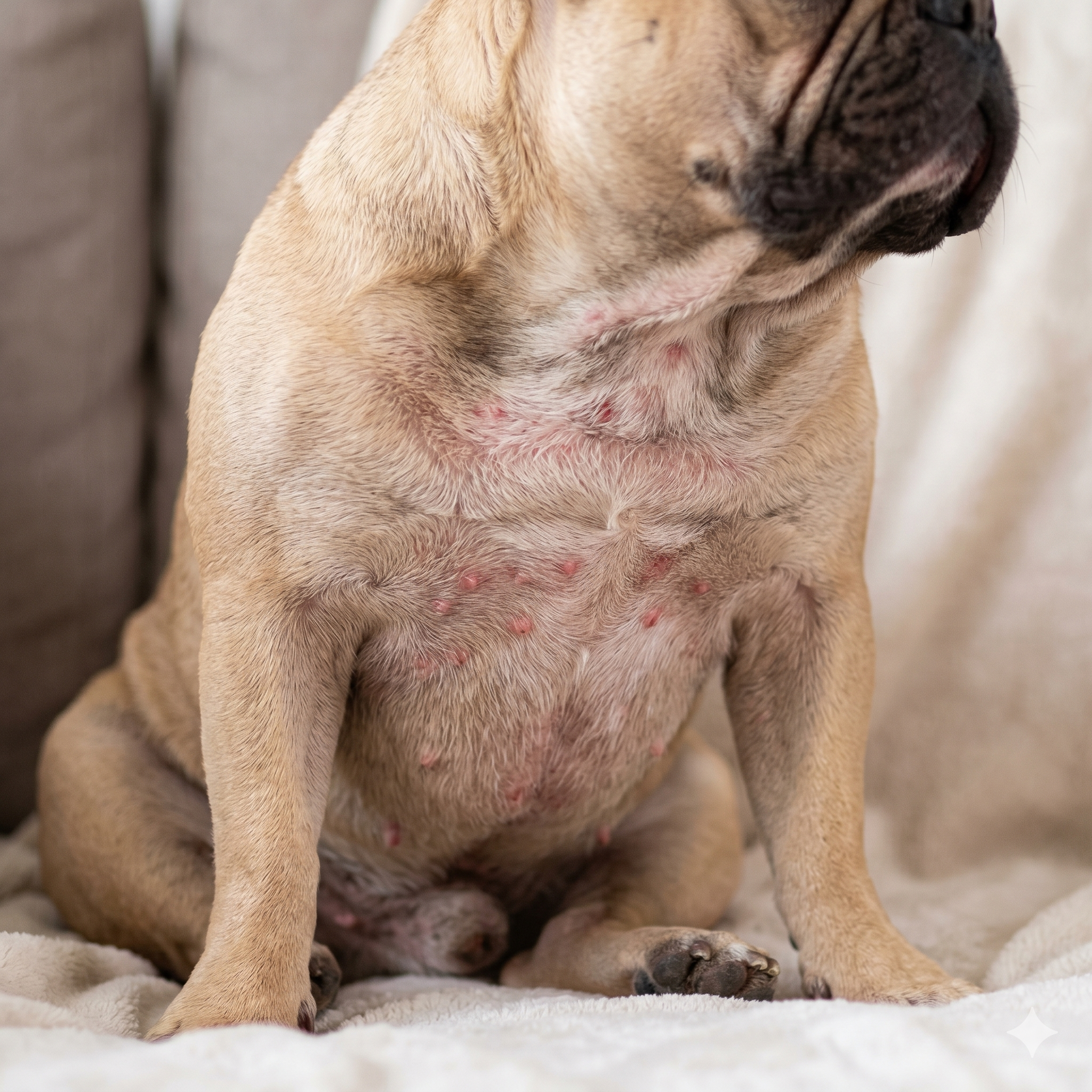 A close-up of a fawn French Bulldog sitting on a light-colored blanket, displaying a visible red, bumpy skin rash across its chest and stomach.