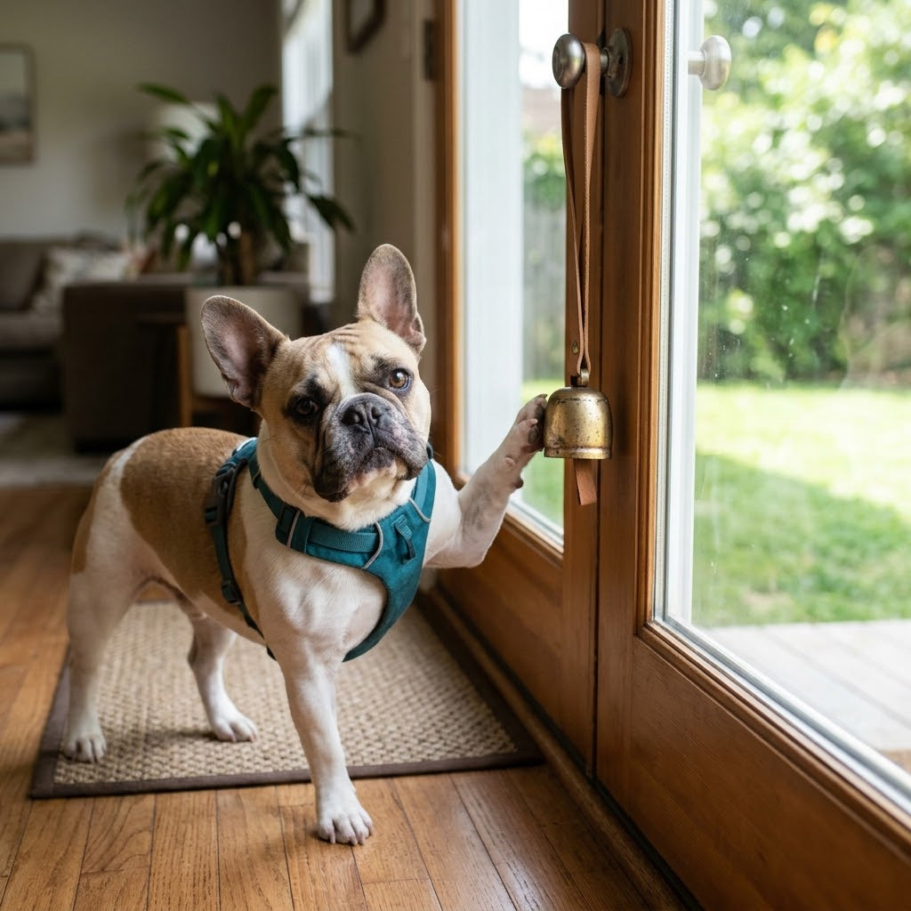 French Bulldog is looking directly at the camera with an attentive expression, appearing to ring the bell to go outside.