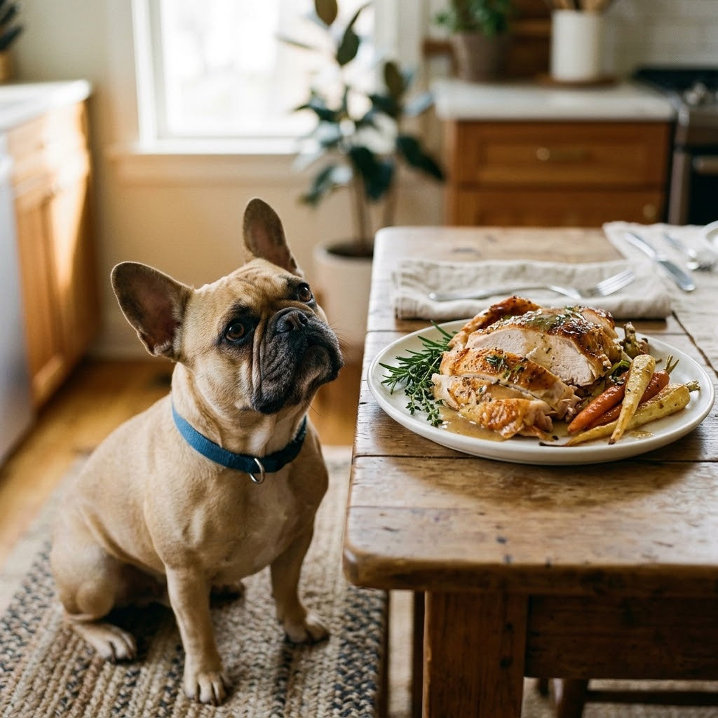 A cute fawn-colored French Bulldog sits patiently on a woven rug in a cozy kitchen, looking longingly up at a plate of carved roast turkey.