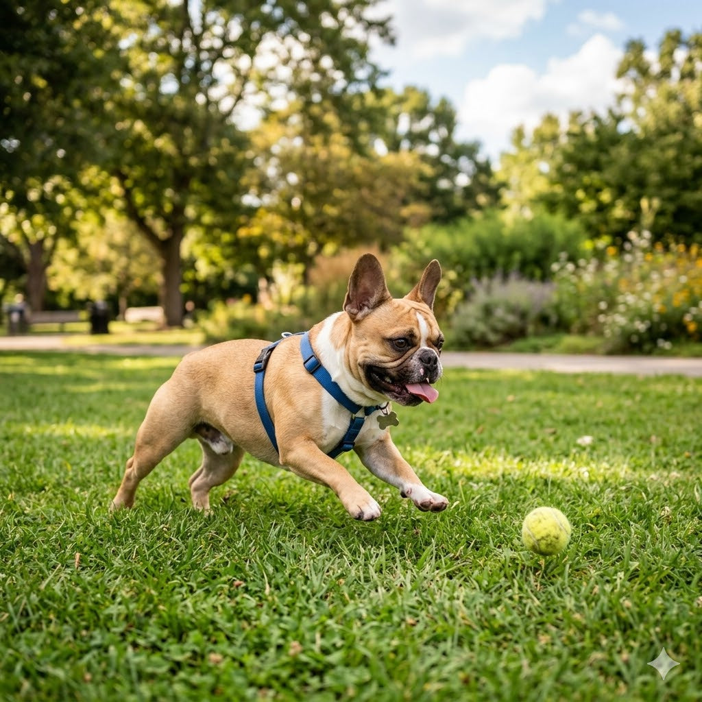 A fawn and white French Bulldog wearing a blue harness bounds playfully across a lush green grassy park on a sunny day, chasing after a yellow tennis ball.