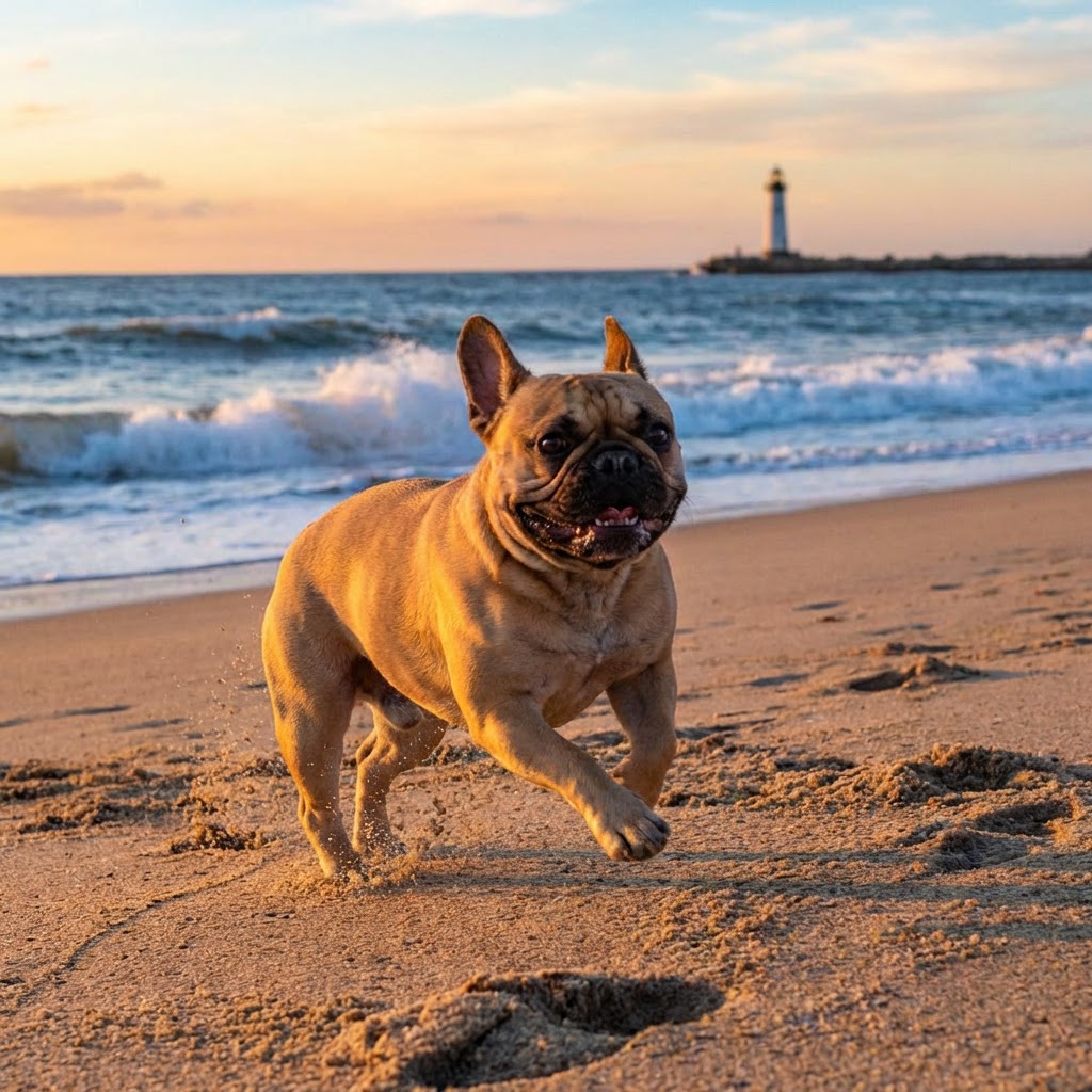 A happy fawn French Bulldog running across a sandy beach during a golden hour sunset, with ocean waves crashing and a distant lighthouse in the background.