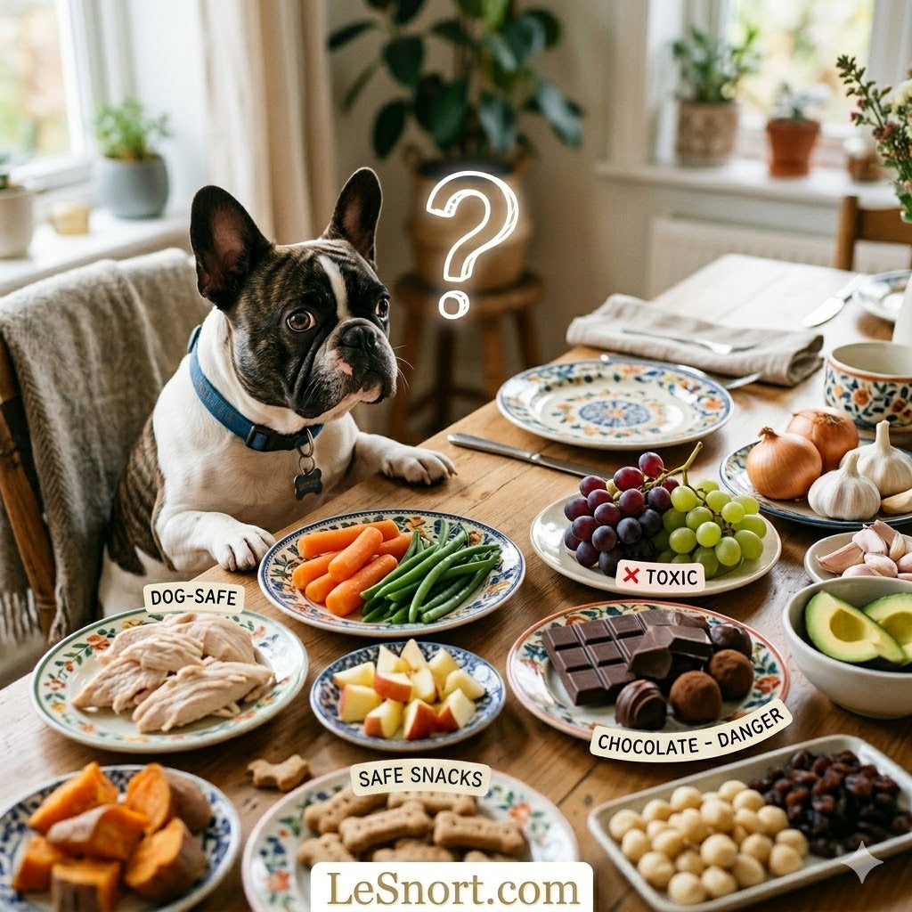 A confused French Bulldog sitting at a dining table with a white question mark floating above its head. There are plates with text labels indicating 'Dog-Safe' foods alongside dangerous foods labeled 'Toxic' and 'Danger.'