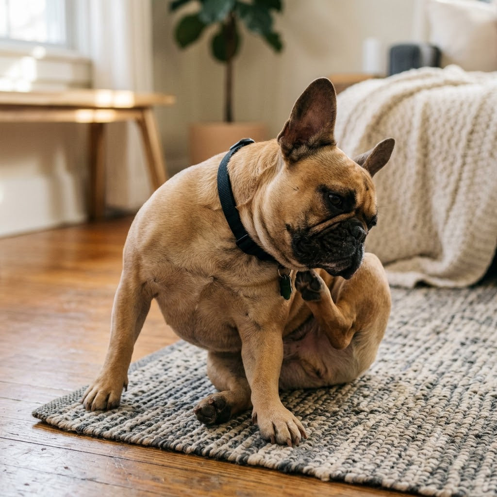 French Bulldog sits on a striped woven rug over a hardwood floor in a well-lit indoor space.