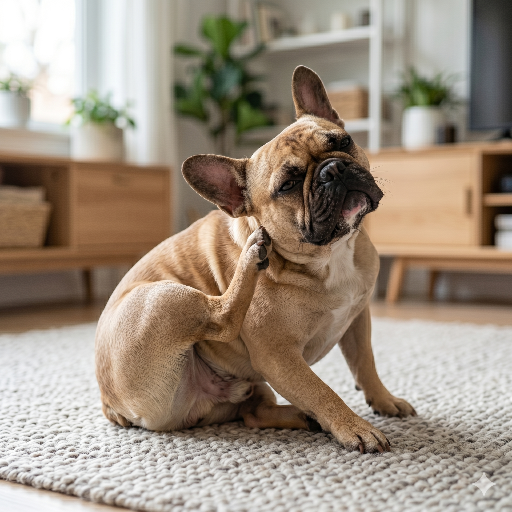 A fawn French bulldog sits on a textured rug in a modern living room, using a hind leg to scratch behind its ear.