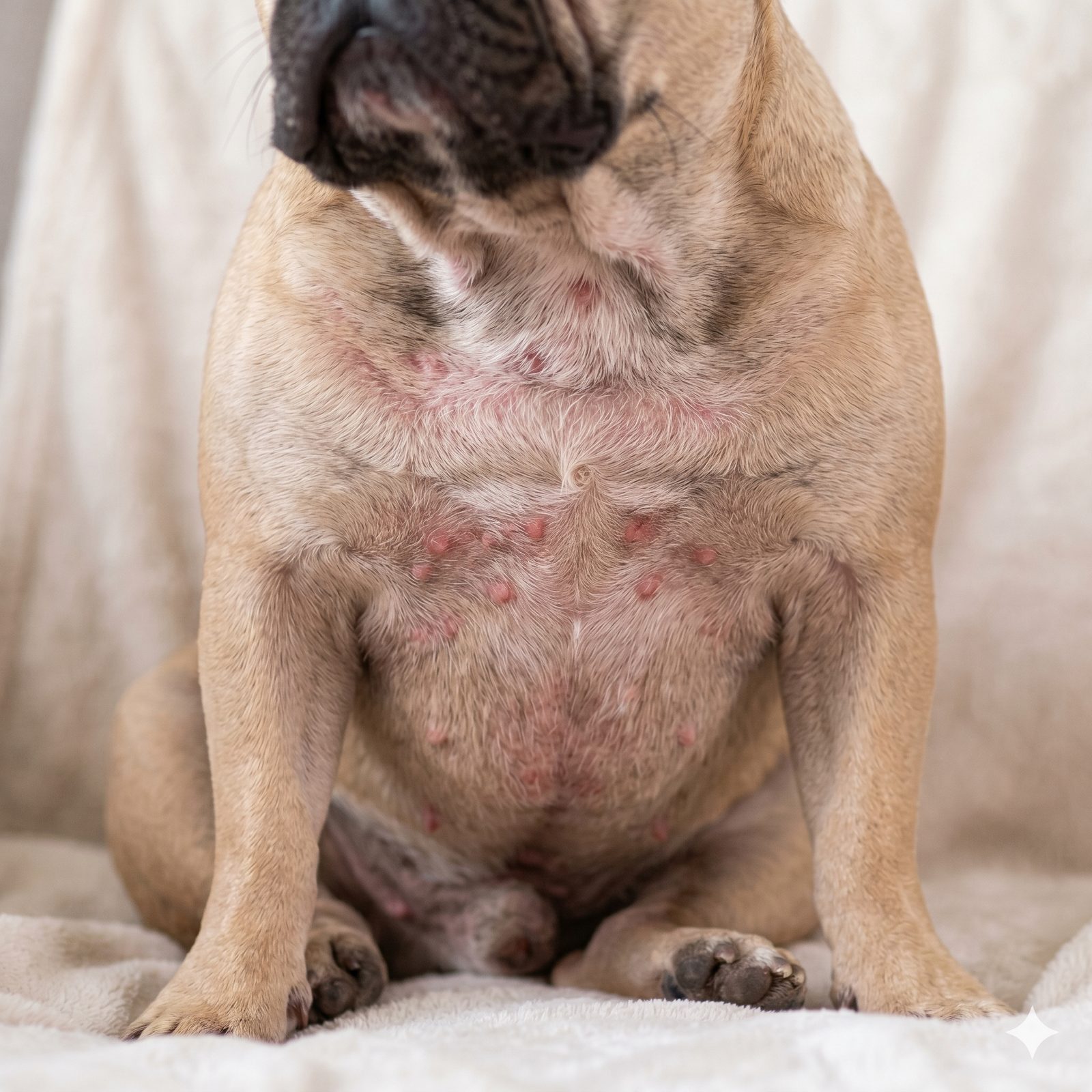 A close-up 1:1 square photo of a fawn French Bulldog with a severe, red, bumpy allergic rash covering its chest and belly, sitting on a soft fleece blanket.