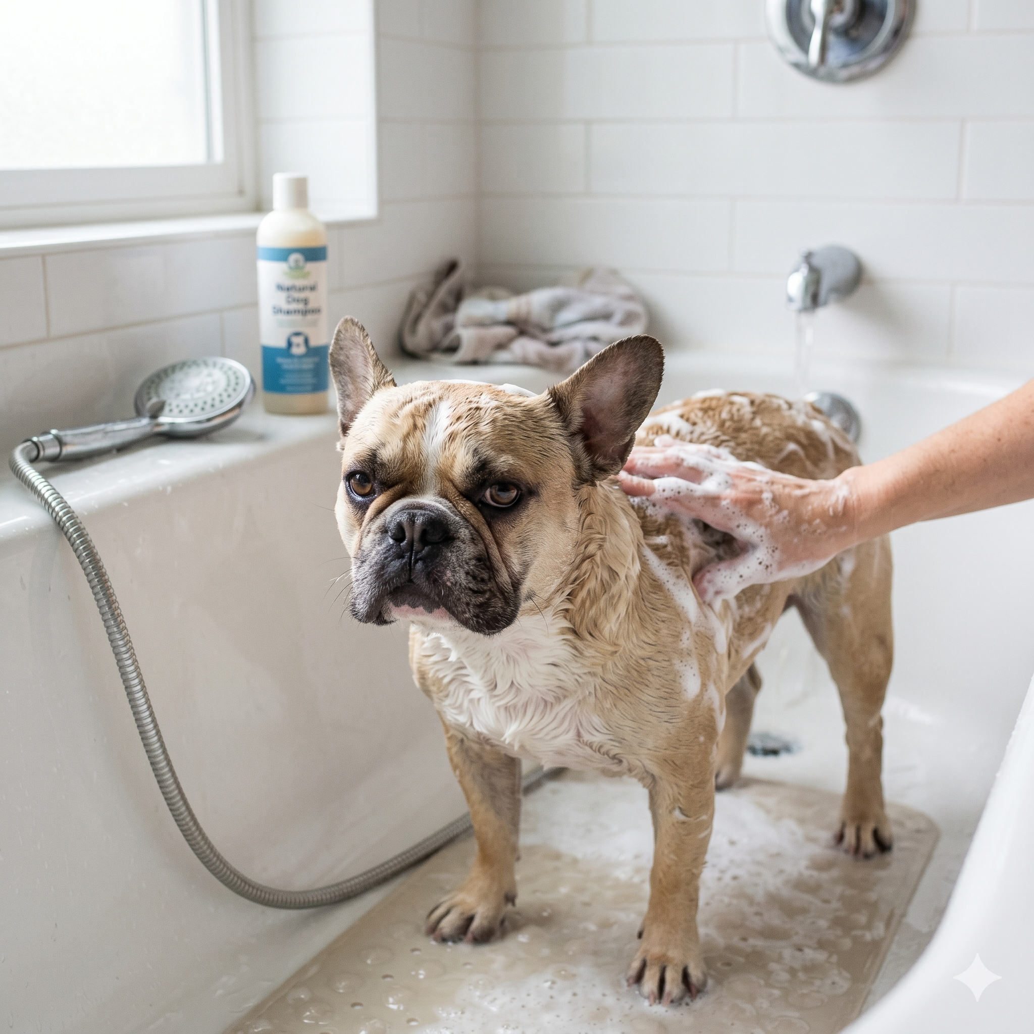A wet, lathered fawn French Bulldog standing on a tan non-slip mat inside a white tiled bathtub, looking forward with a serious expression.