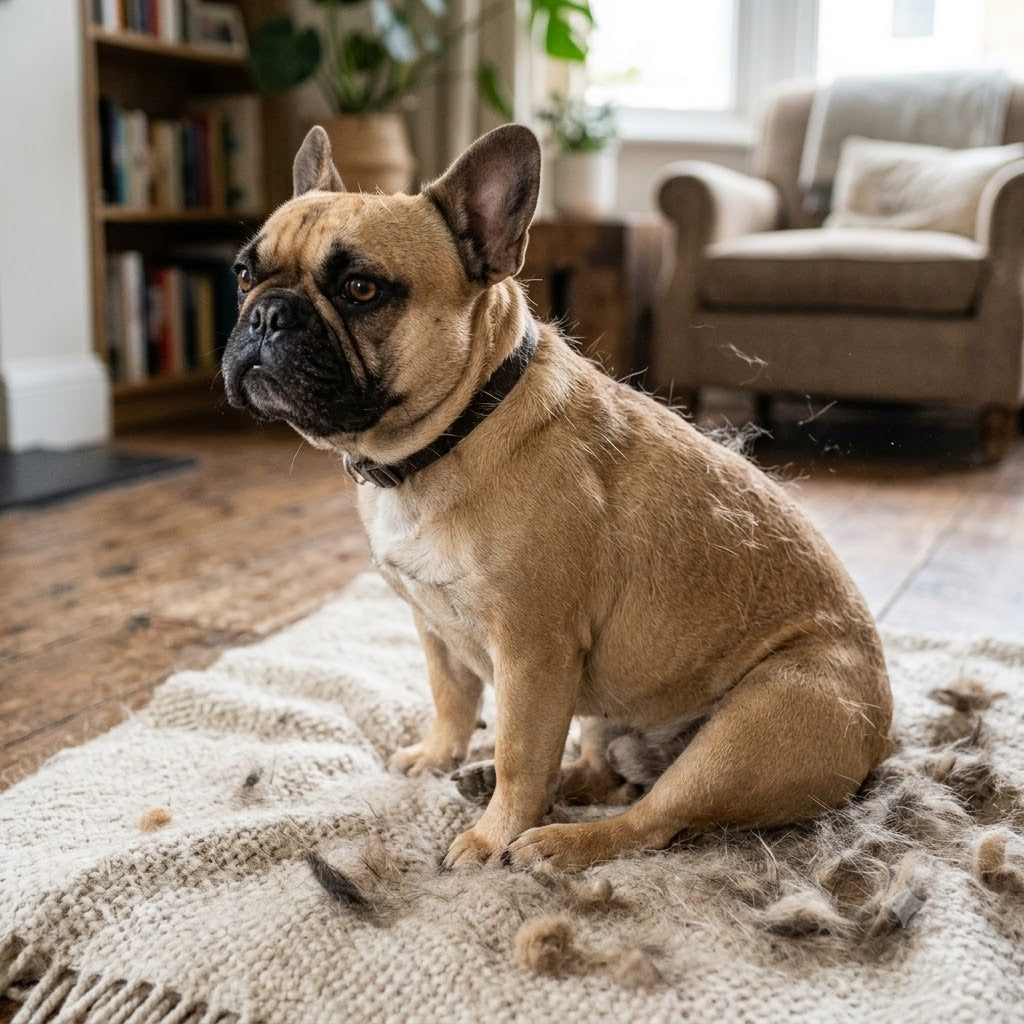 A fawn French Bulldog sitting calmly on a knit rug which is covered in loose tufts of its fur, demonstrating active shedding in a home environment.