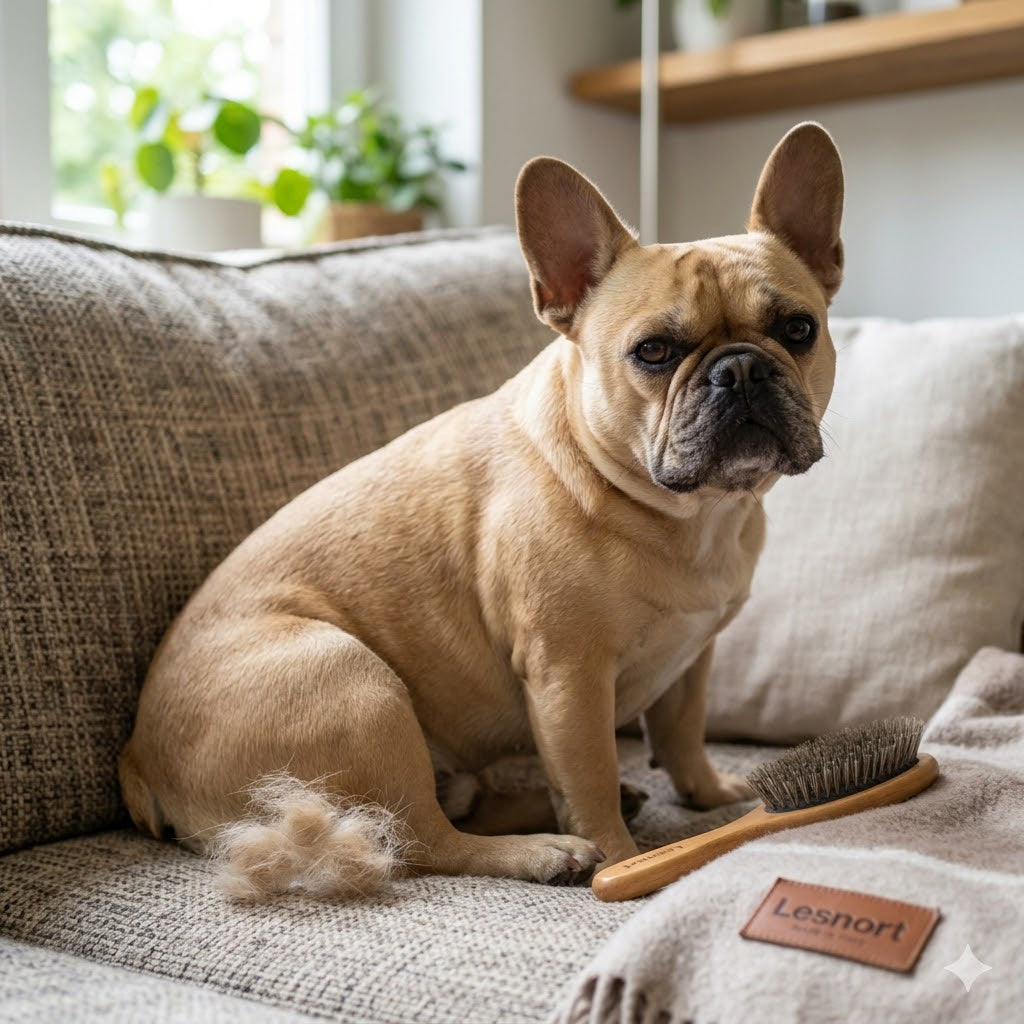 A fawn French Bulldog sits on a cozy sofa with small clumps of its loose fur and a grooming brush branded with 'Lesnort' resting nearby.