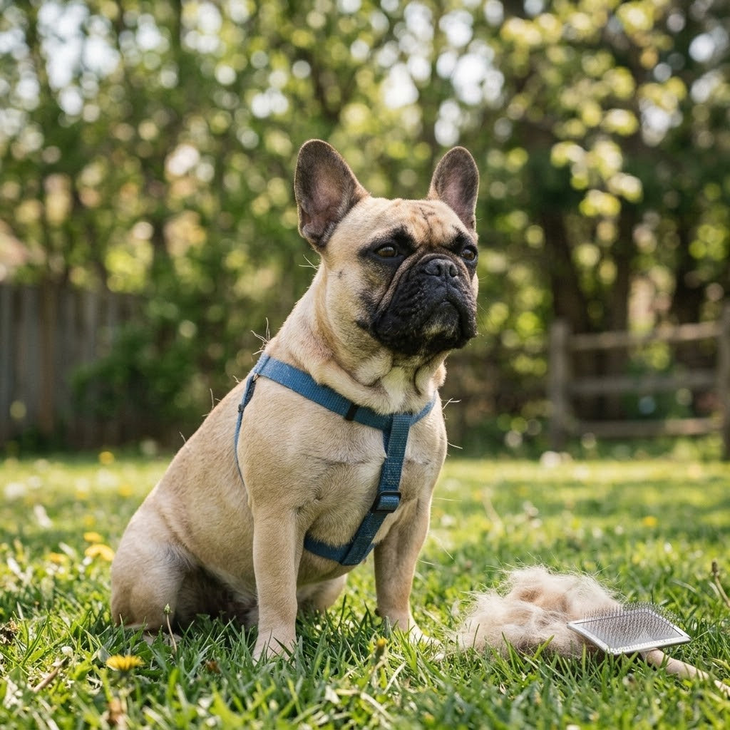 A fawn French Bulldog with a black mask sits on a green grassy lawn outdoors, with loose fur visibly shedding from its coat in the sunlight.