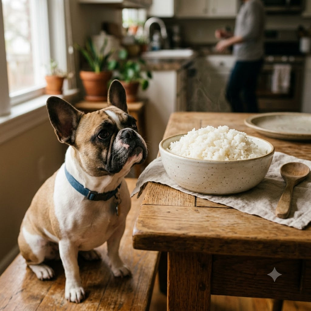 A fawn and white French Bulldog wearing a blue collar sits patiently on a rustic wooden bench, looking up expectantly at a steaming bowl of white rice.