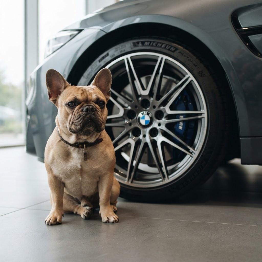A high-definition photograph taken inside a car showroom, featuring a tan French Bulldog sitting proudly in the foreground.