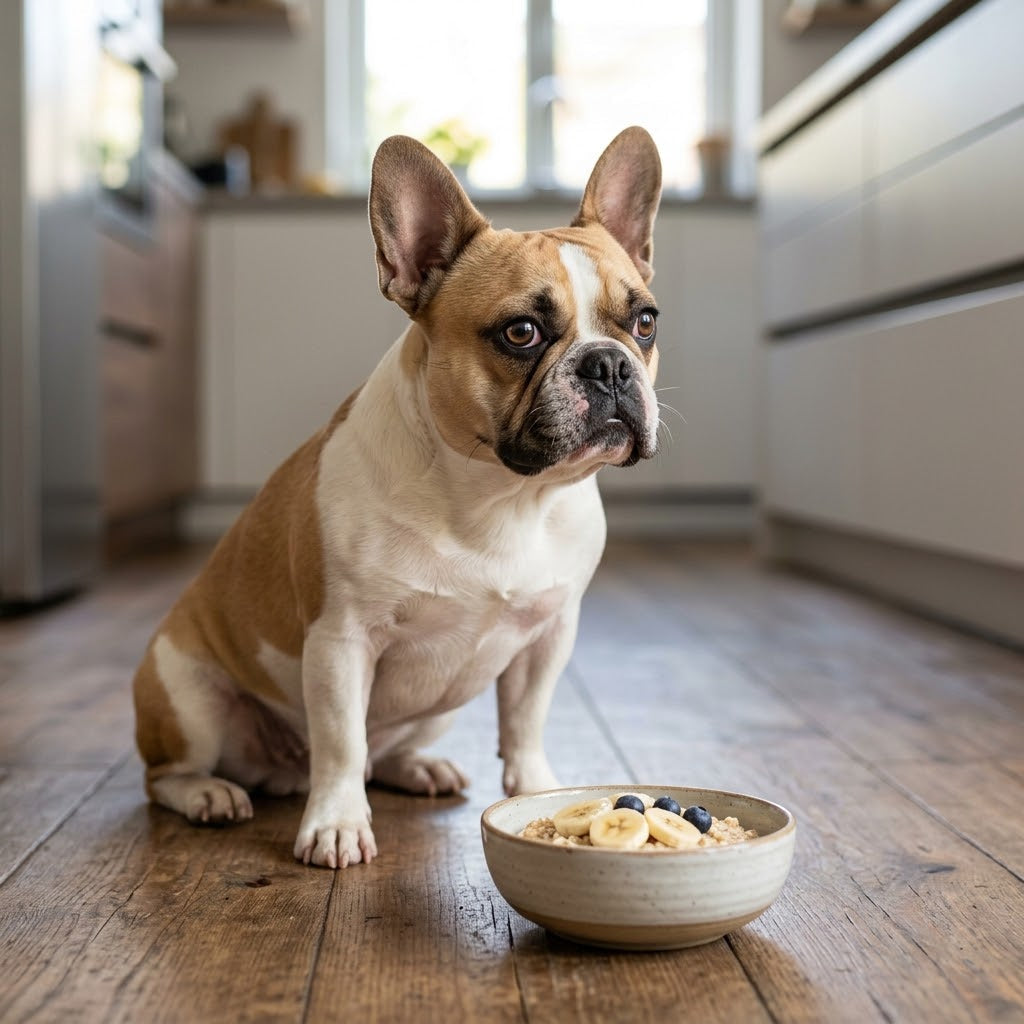 In front of the French Bulldog is a speckled ceramic bowl filled with oatmeal, topped with neat slices of banana and several blueberries.