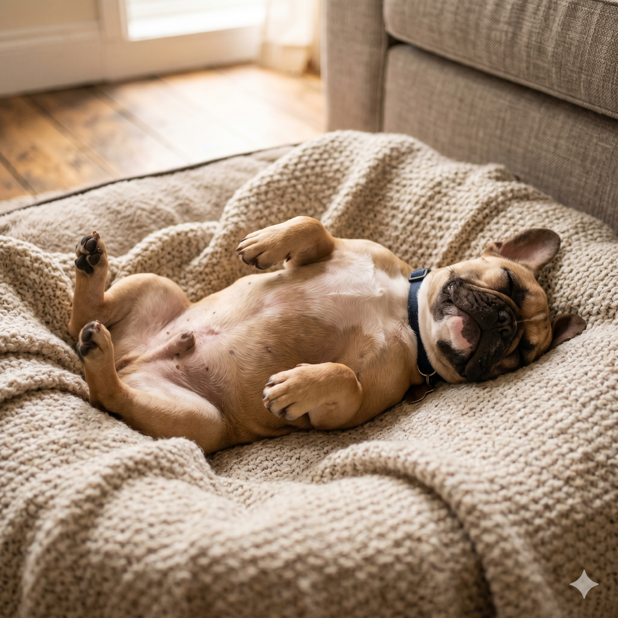A charming 1:1 square photo of a peaceful French bulldog puppy sleeping soundly on her back within a soft, textured oatmeal-colored knitted blanket. The fawn and white Frenchie is completely relaxed.