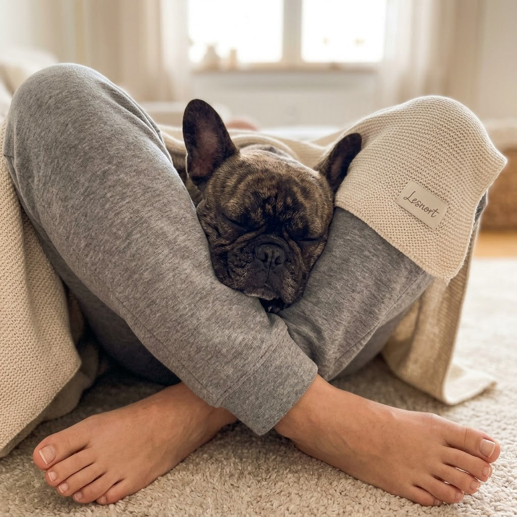 A brindle French Bulldog sleeping peacefully between its owner's legs, resting on a cozy cream Lesnort blanket.