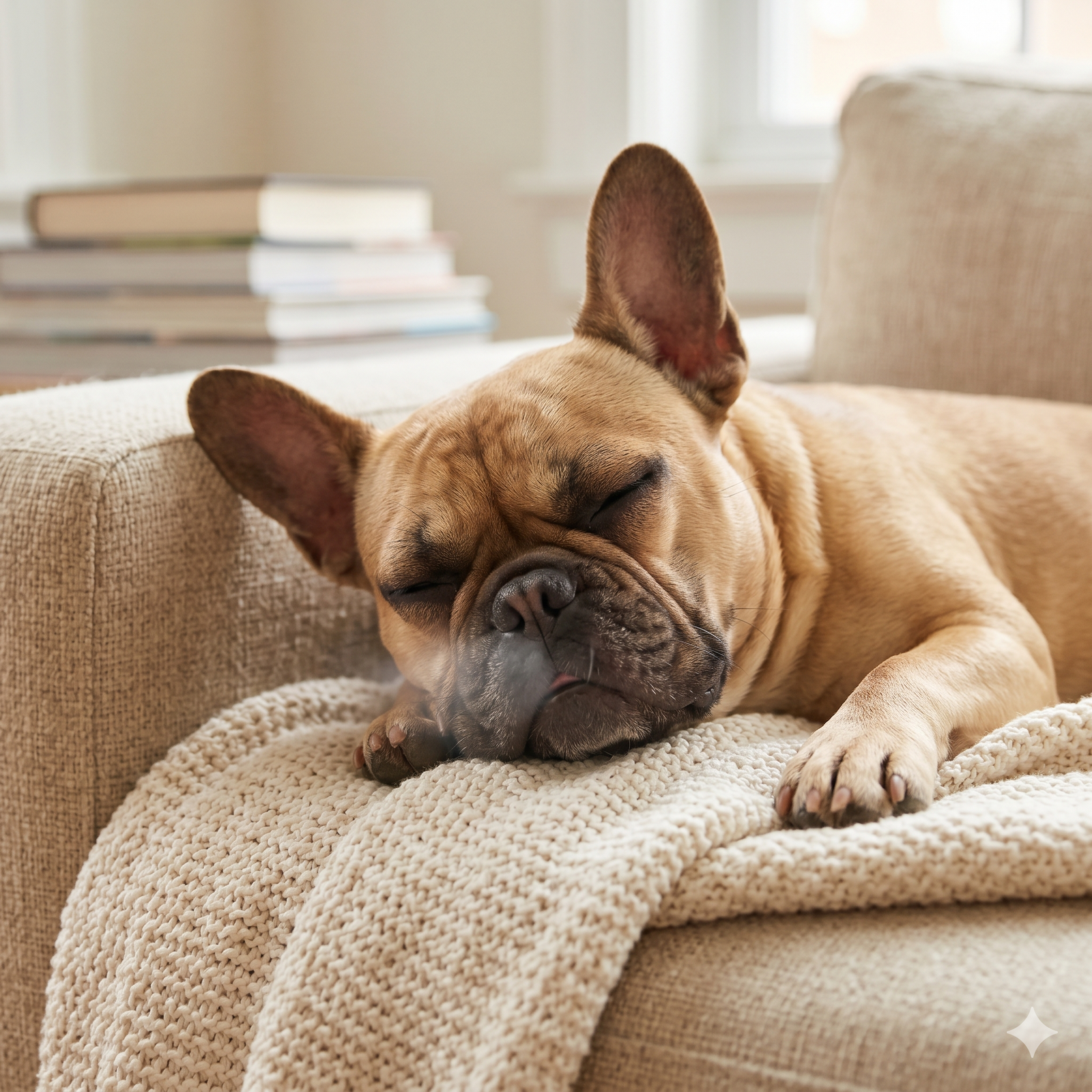 A close-up photograph of a fawn-colored French Bulldog deeply asleep on a plush cream-colored knitted throw blanket on a cozy natural sofa. Eyes are fully closed, and a subtle snore is indicated.