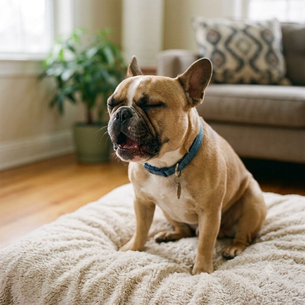 A French Bulldog's eyes are squeezed tightly shut, its face is comically scrunched up, and its mouth is open wide in a dramatic grimace, captured in the mid-action of a sneeze.