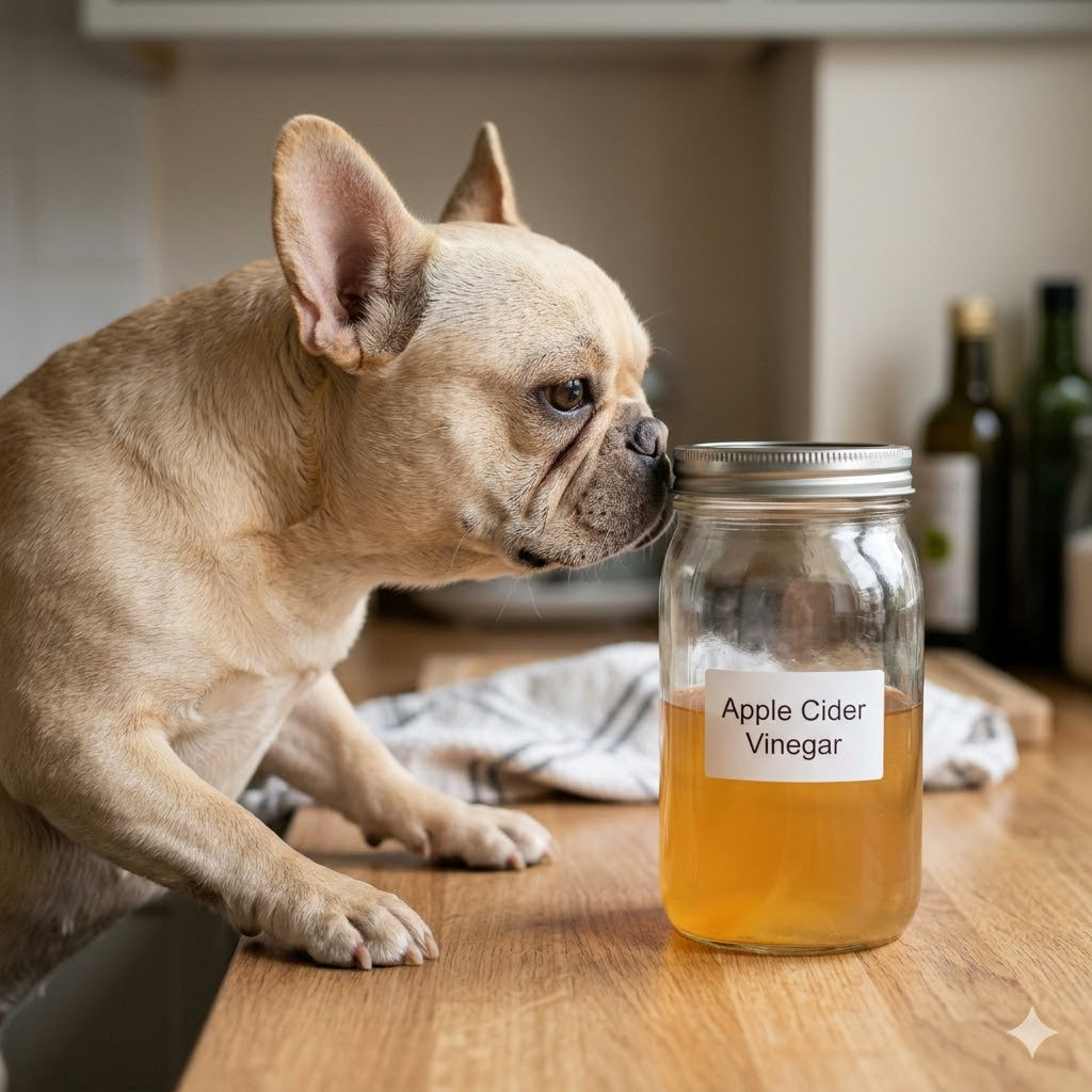 A fawn-colored French Bulldog with its nose pressed against the silver lid of a glass jar, which is half-filled with a golden-amber liquid. The jar sits on a wooden kitchen counter and has a white label that clearly reads 'Apple Cider Vinegar'.