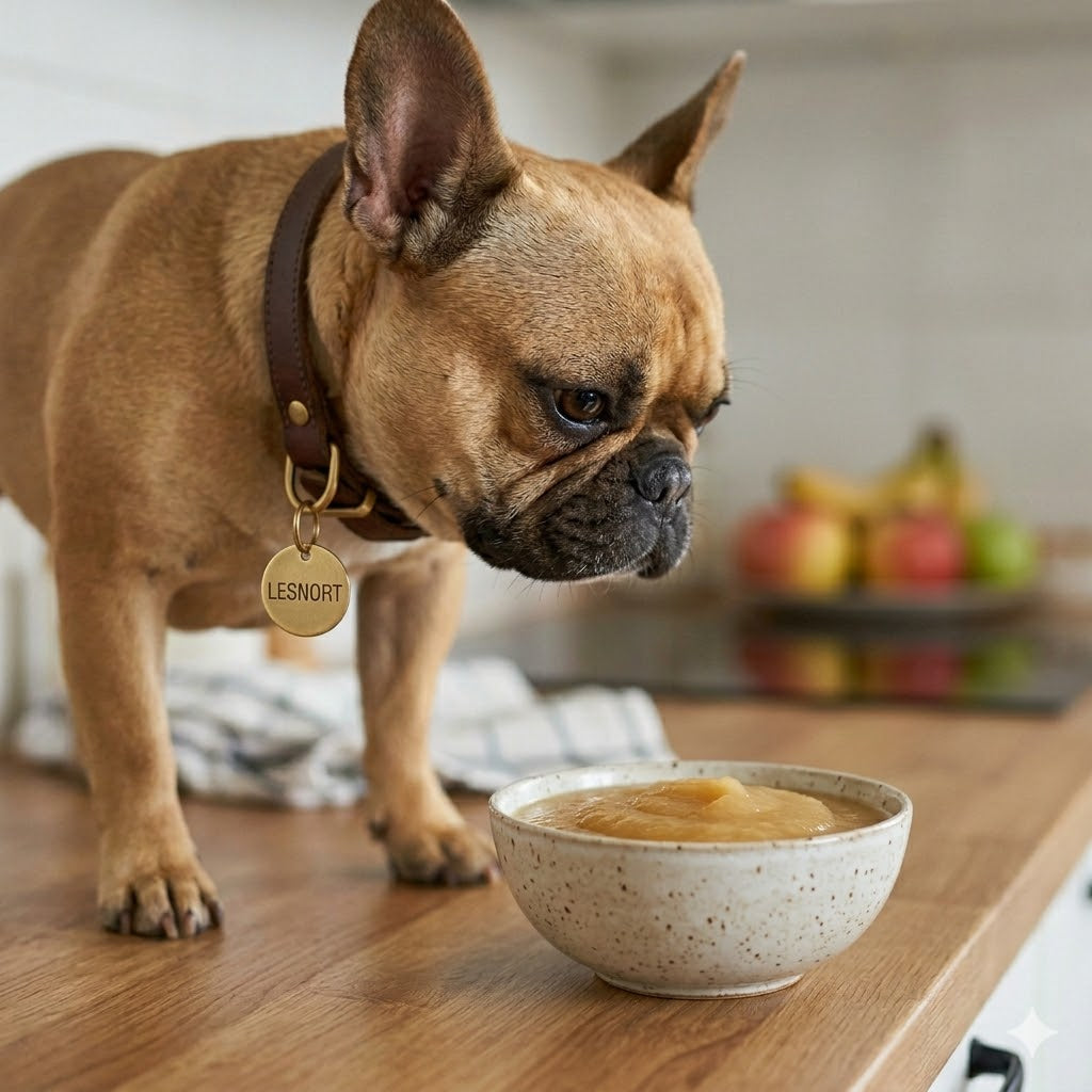 A 1:1 square photograph captures a close-up, natural light view of a fawn French Bulldog on a wooden table, curiously leaning its head and sniffing a rustic ceramic bowl filled with golden-brown applesauce in a homely kitchen setting.