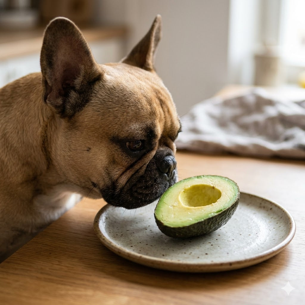 A 1:1 square photograph of a curious fawn French Bulldog intently sniffing the center of a halved green avocado resting on a speckled ceramic plate on a wooden table.