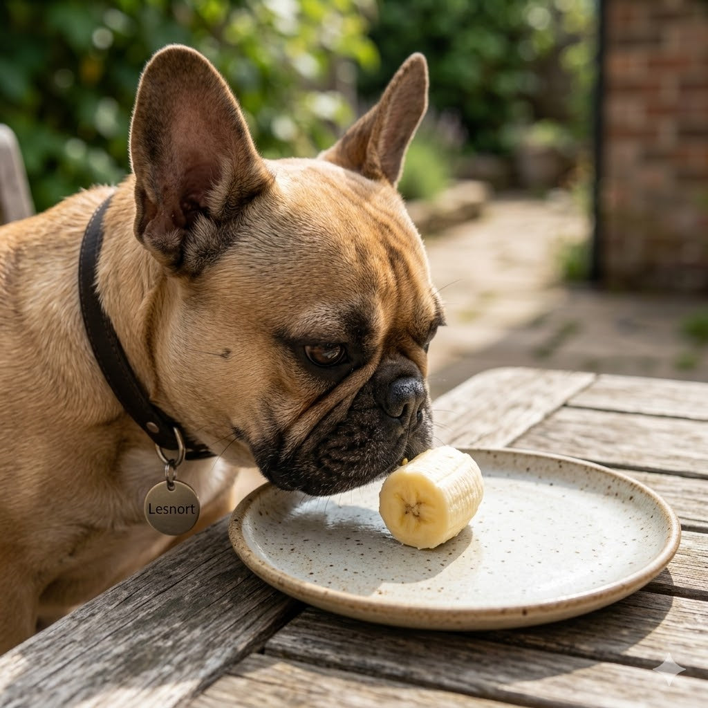 A 1:1 photo of a fawn French Bulldog with a collar and a 'Lesnort' dogtag, sniffing a piece of banana on a rustic ceramic plate on an outdoor patio table.