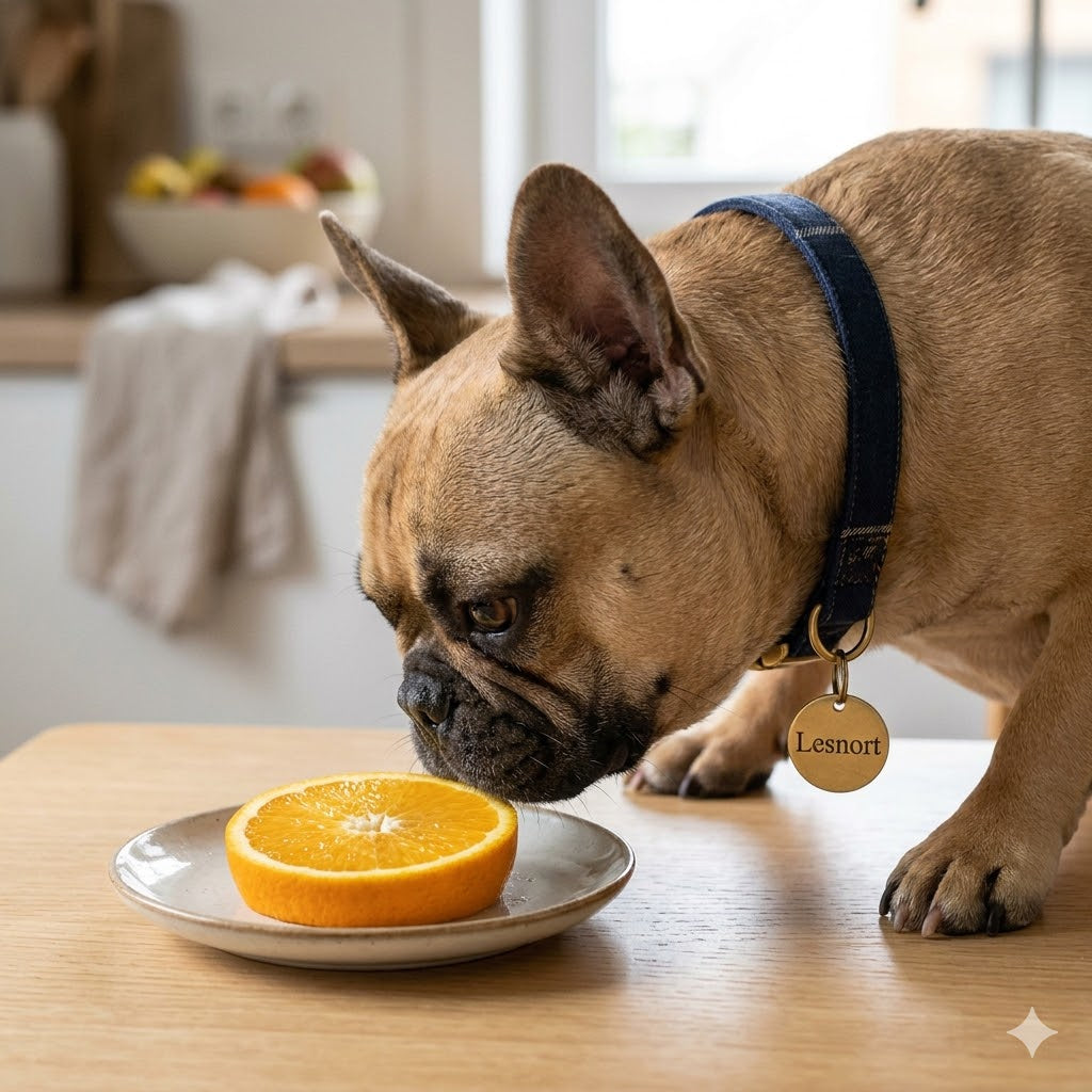 A close-up square photograph in a 1:1 format, taken with soft natural light. It captures a fawn-colored French Bulldog on a light wooden table, intently sniffing a perfectly sliced round of a vibrant, juicy orange on a small ceramic plate.