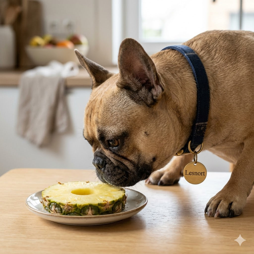 candid, close-up photograph in a 1:1 square format capturing a fawn-colored French Bulldog on a light wooden table, intently sniffing a ring of fresh pineapple on a small ceramic plate.