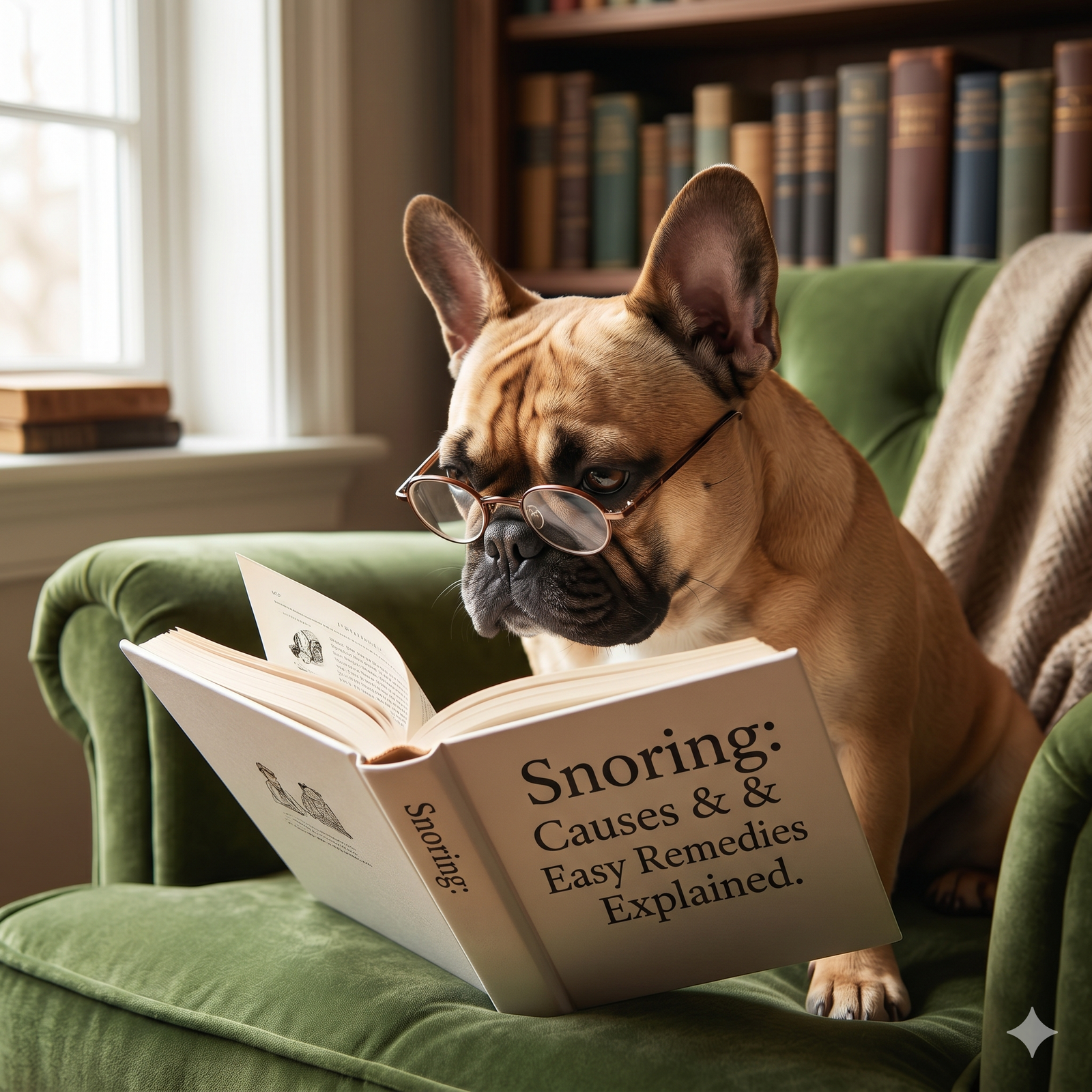 A 1:1 photograph of a fawn French Bulldog wearing reading glasses, sitting comfortably on a velvet armchair and intently reading a book titled "Snoring: Causes & Easy Remedies Explained.