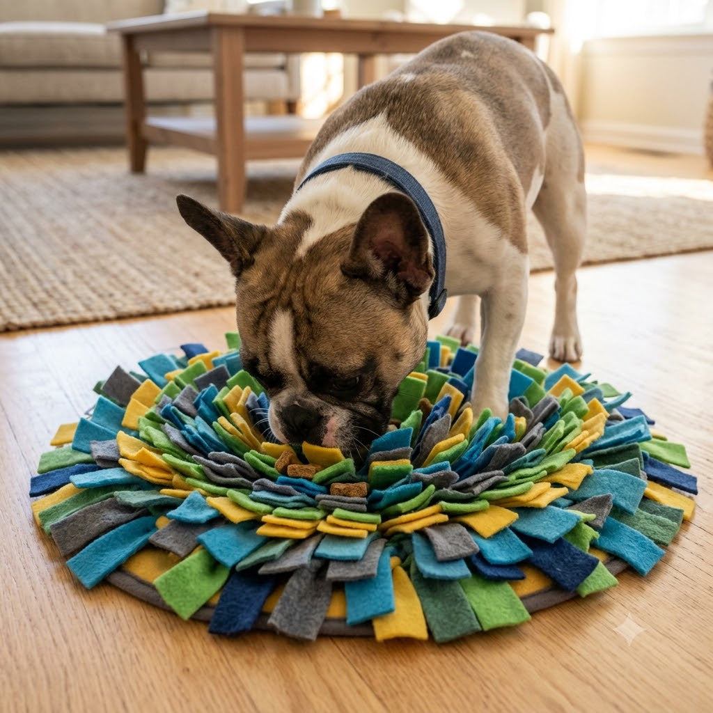 A close-up, natural-light photograph of a brindle and white French Bulldog, wearing a simple dark blue collar, standing over a circular snuffle mat on a light wood floor.
