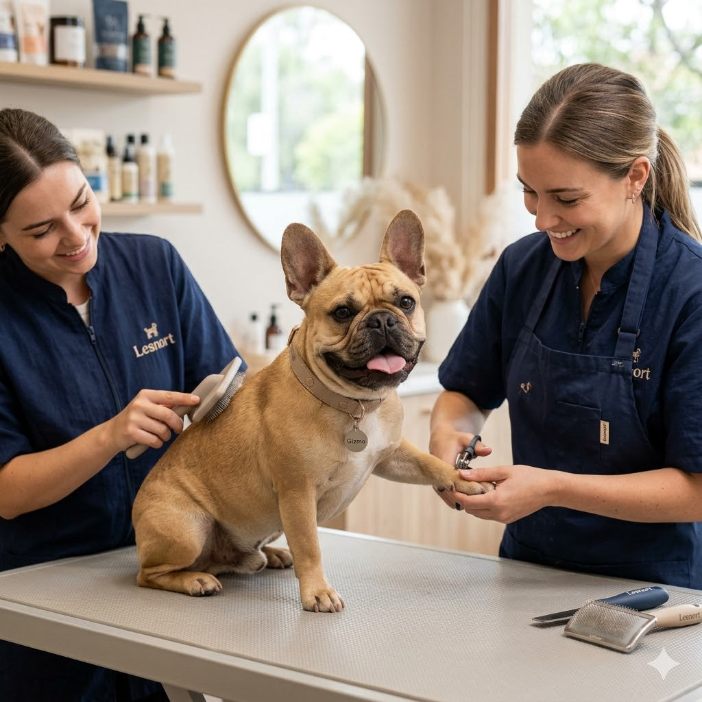 A candid 1:1 photograph in natural light captures a joyful fawn French Bulldog named 'Gizmo' having its nails trimmed by one smiling groomer, while another gently brushes its fur.