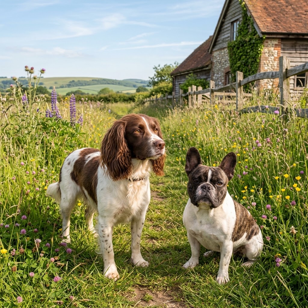 A square photograph captures a liver and white Springer Spaniel standing beside a brindle and white French Bulldog on a grassy path in a lush, wildflower-filled country meadow.