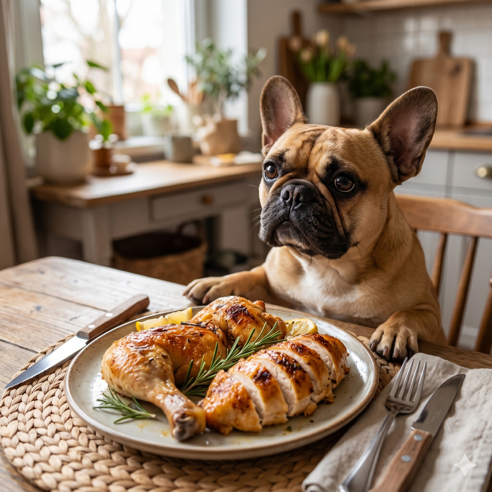A close-up photograph of a fawn French Bulldog with large, soulful eyes, sitting at a wooden table and staring longingly at a rustic plate filled with golden-brown baked chicken, garnished with fresh rosemary and lemon.