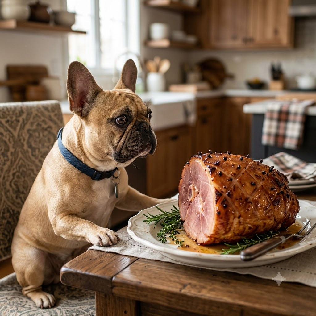 A small fawn French Bulldog sits eagerly at a wooden table, looking with wide, anticipatory eyes at a large, glazed baked ham garnished with rosemary on a ceramic platter.