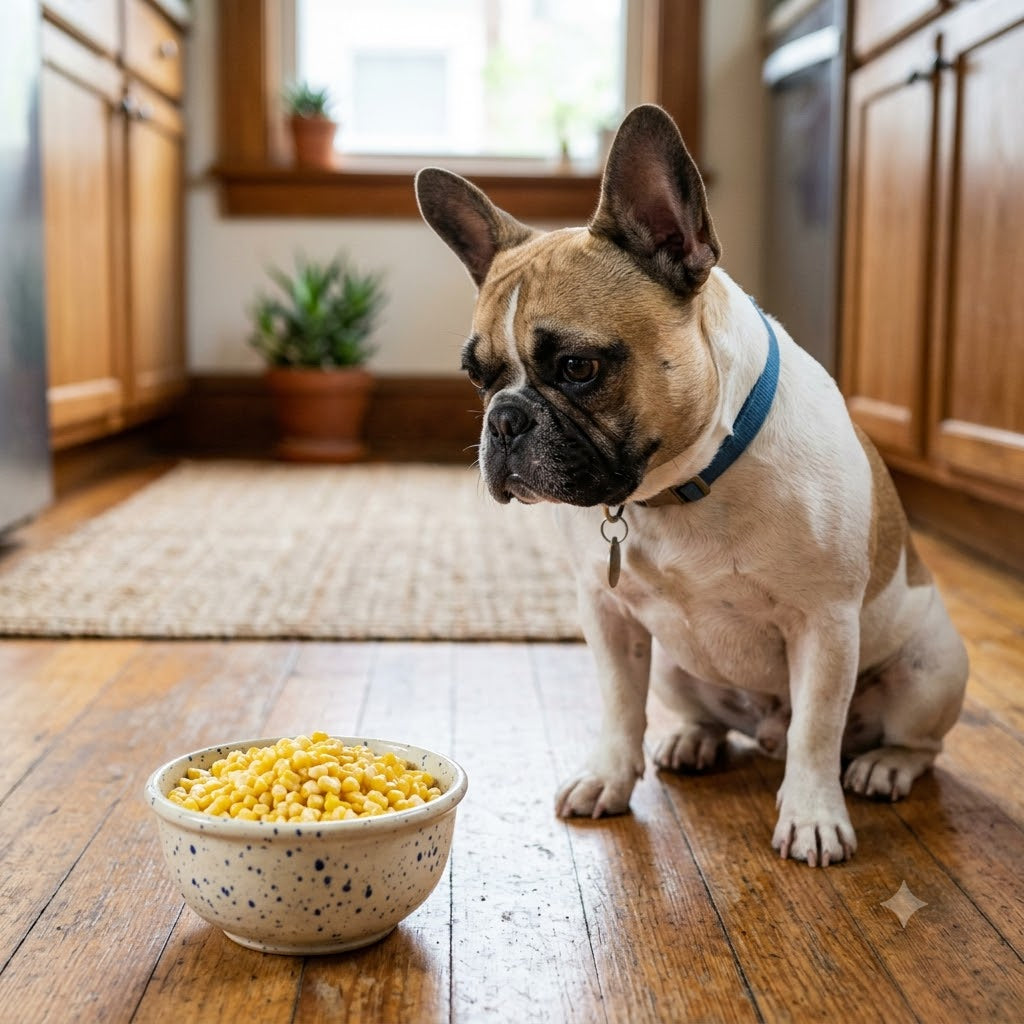 A fawn and white French Bulldog, wearing a blue collar, sits on a wooden kitchen floor and stares with focused anticipation at a speckled ceramic bowl overflowing with cooked yellow corn kernels