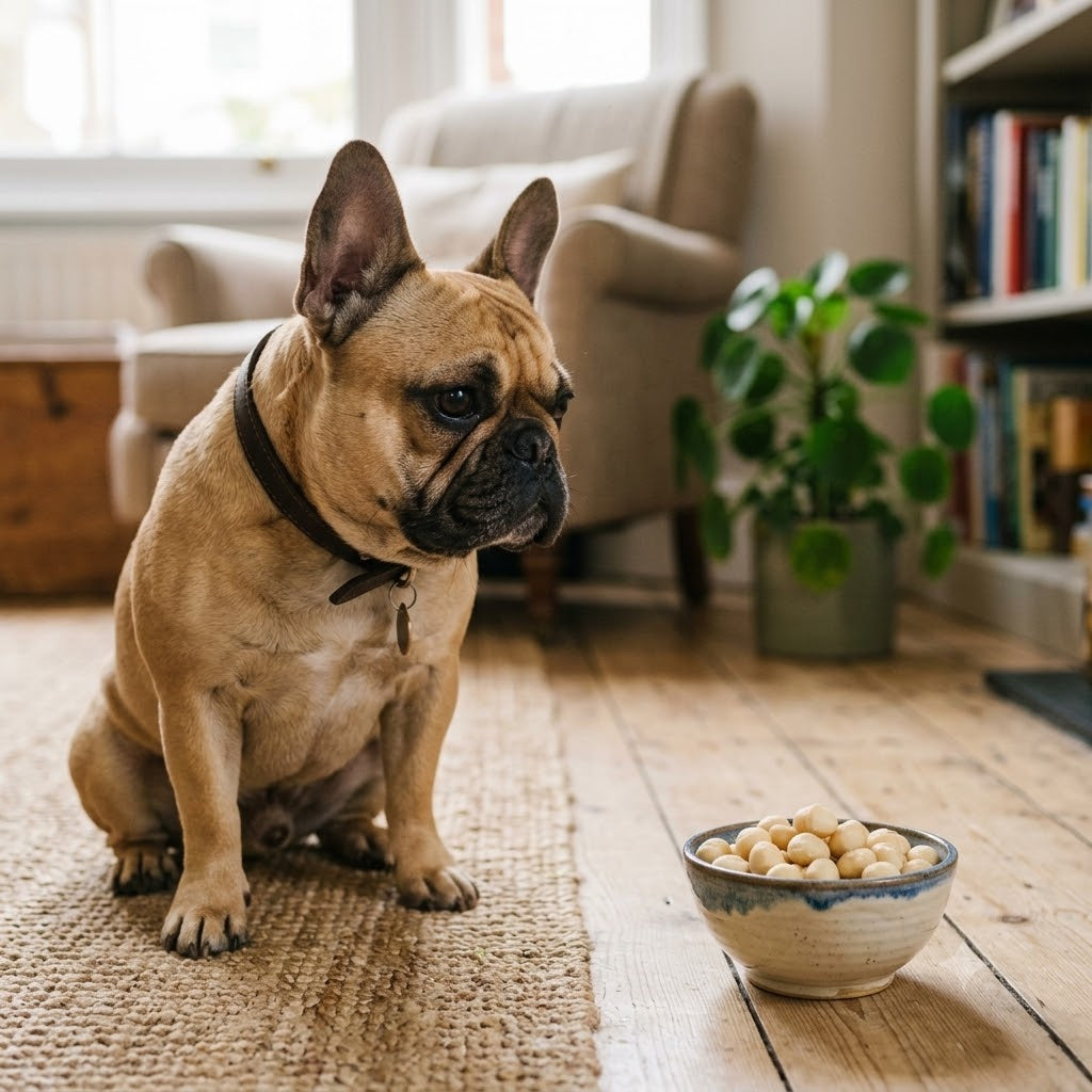 A fawn-colored French Bulldog with alert ears sits on a textured rug in a cozy living room, staring with curiosity at a small, ceramic bowl filled with nuts.