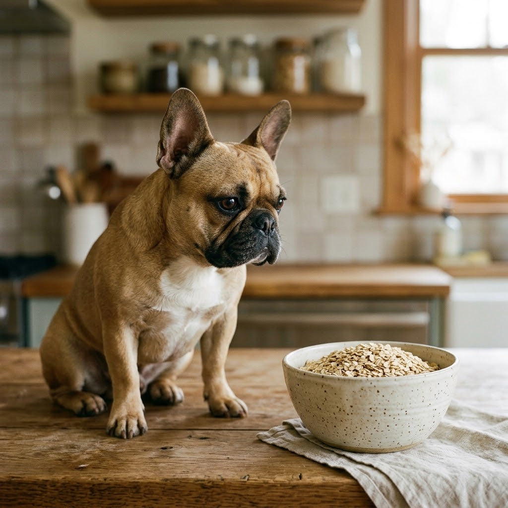 A fawn and white French Bulldog looking at a speckled ceramic bowl filled with raw rolled oats.