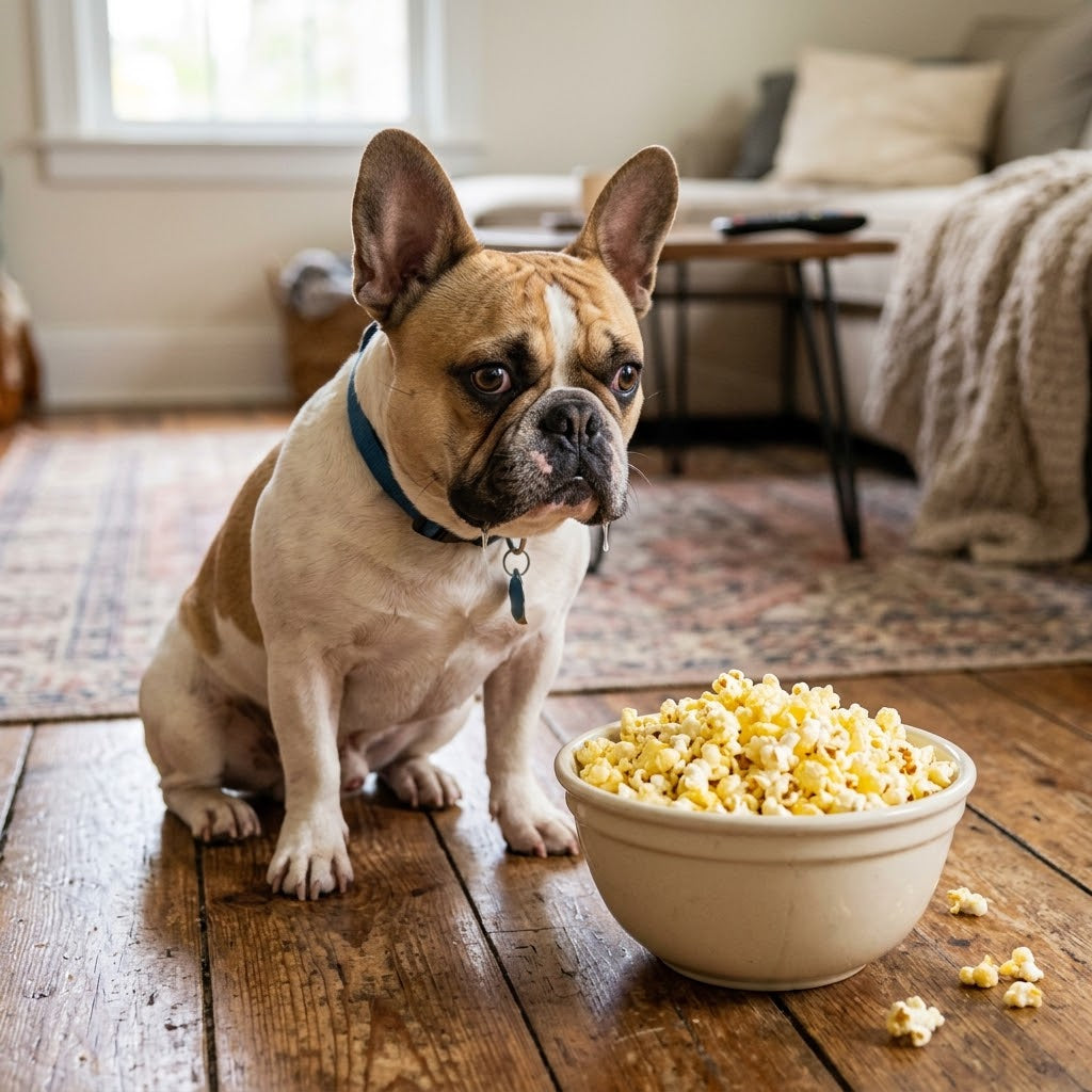 French Bulldog looking at a cream-colored ceramic bowl overflowing with popped popcorn.