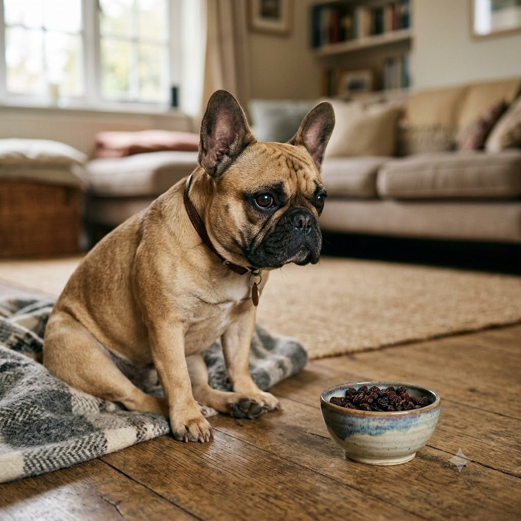 A fawn-colored French Bulldog sitting on a wooden floor in a living room, looking intently at a small ceramic bowl filled with dark raisins.
