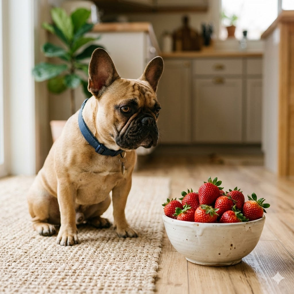 The dog is staring intently at a rustic ceramic bowl filled with ripe, red strawberries. The background is a modern, light-filled kitchen with wooden floors.