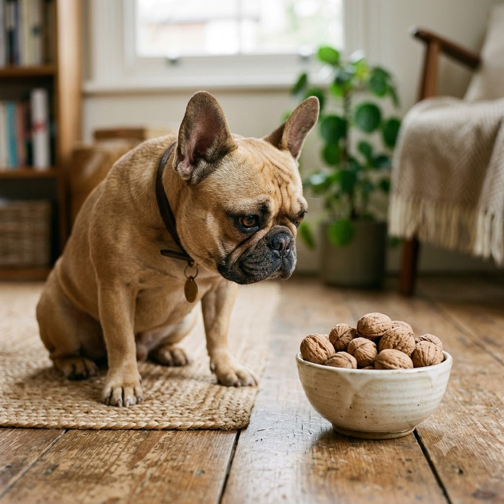A fawn French Bulldog is sitting on a jute rug and wooden floor, staring intently at a ceramic bowl filled with whole walnuts in a domestic living room setting.