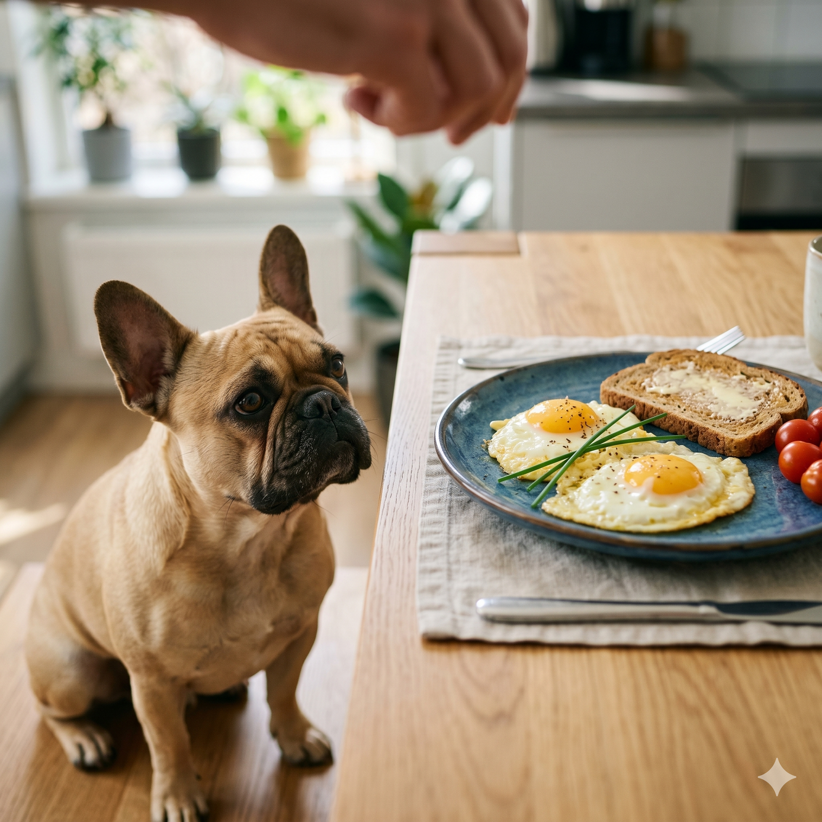 A close-up square photograph of a fawn French Bulldog (not wearing a harness) with perked ears and a curious expression, intently staring at a ceramic plate filled with eggs and toast.