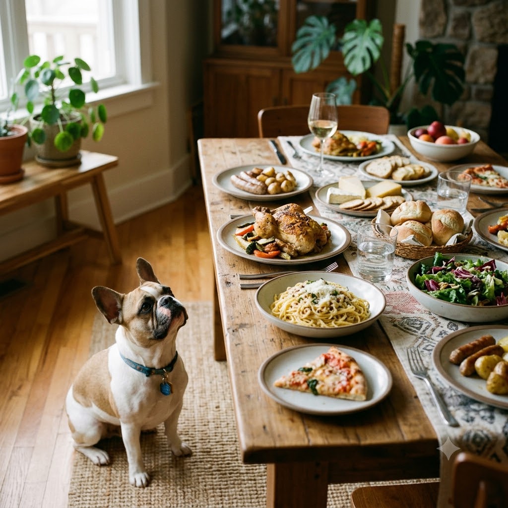 A 1:1 photograph of a curious French Bulldog looking up eagerly from the floor at a wooden dining table laden with various plates of human food